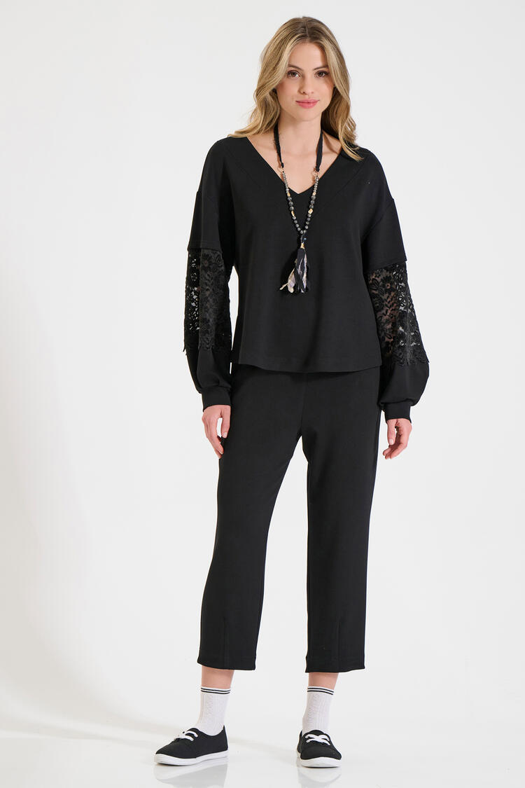 Sweatshirt blouse with velvet lace sleeves - Black S/M