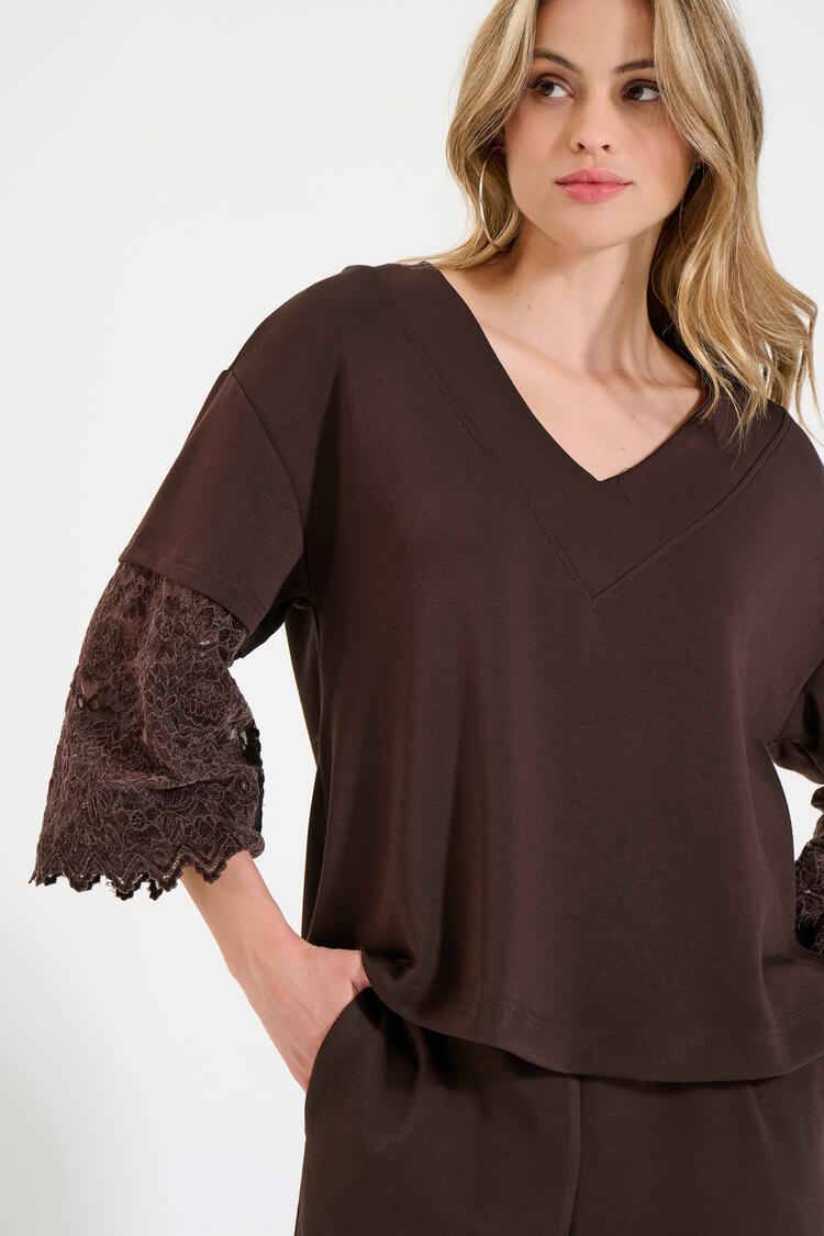 Sweatshirt blouse with velvet lace sleeves - Brown S/M
