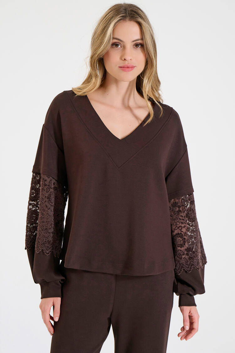 Sweatshirt blouse with velvet lace sleeves - Brown S/M