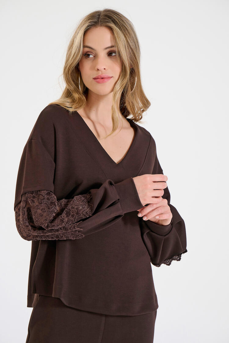 Sweatshirt blouse with velvet lace sleeves - Brown S/M