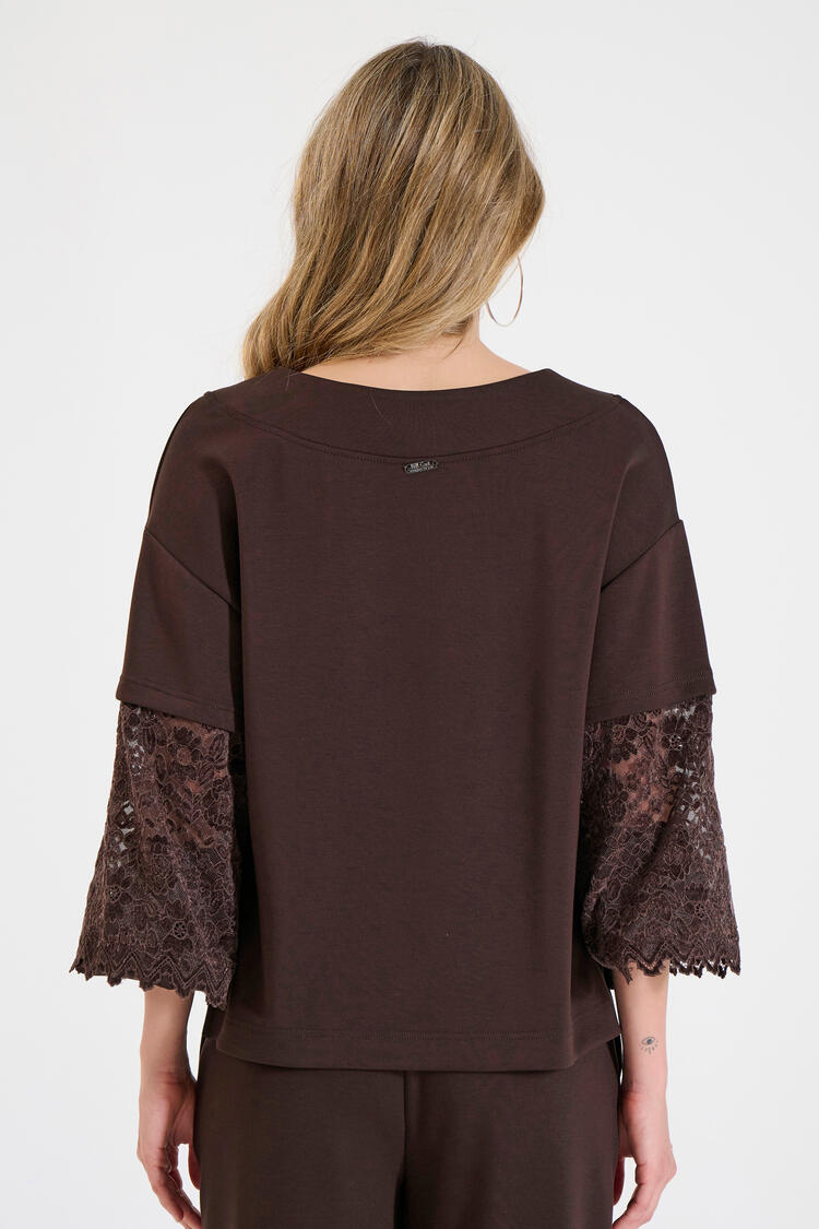 Sweatshirt blouse with velvet lace sleeves - Brown S/M
