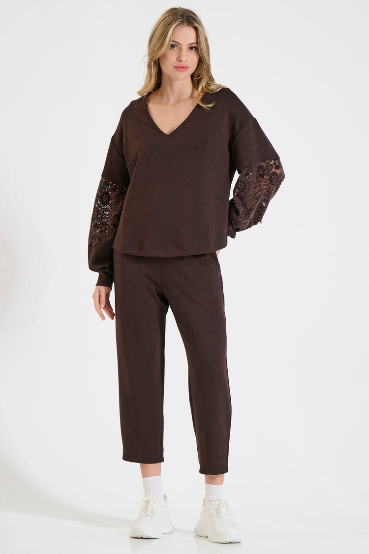 Sweatshirt blouse with velvet lace sleeves - Brown S/M