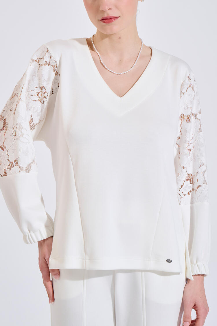 Relaxed-fit blouse with V-neckline and lace sleeves - Off White S/M