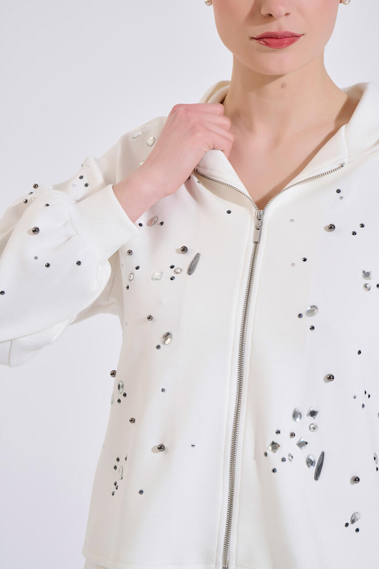 Relaxed-fit sweatshirt jacket with stone embellishments - Off White S/M