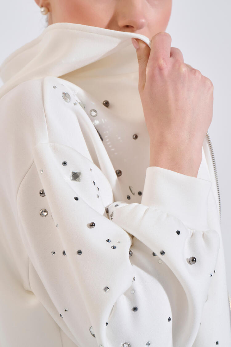 Relaxed-fit sweatshirt jacket with stone embellishments - Off White S/M