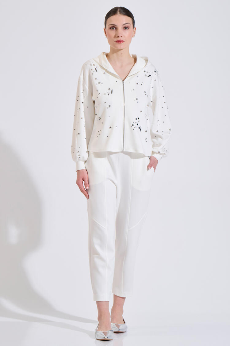 Relaxed-fit sweatshirt jacket with stone embellishments - Off White S/M