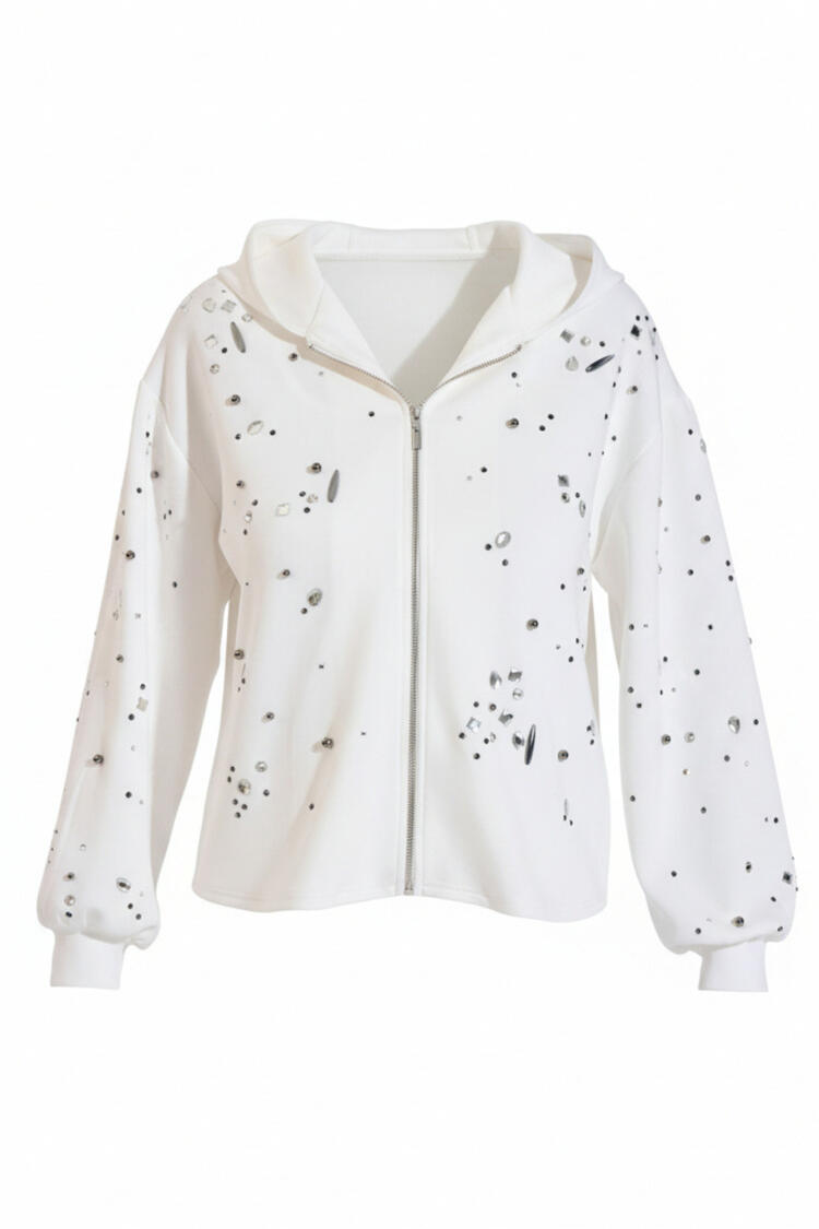 Relaxed-fit sweatshirt jacket with stone embellishments - Off White S/M