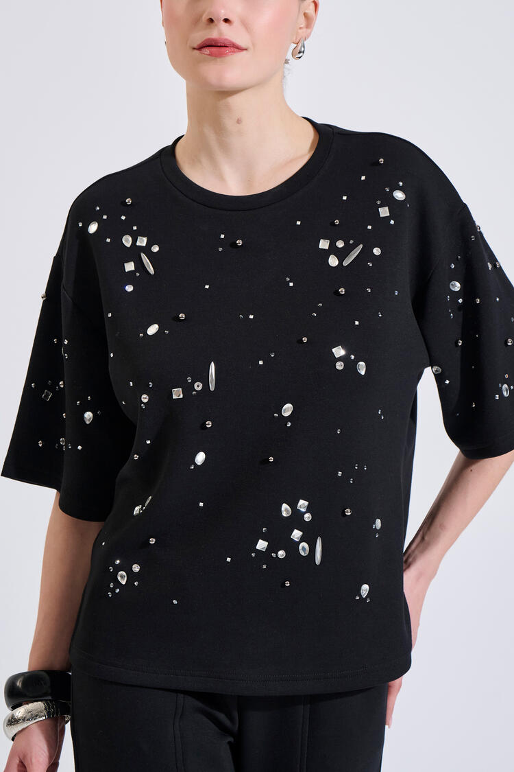 Short-sleeve sweatshirt with decorative stones - Black S/M