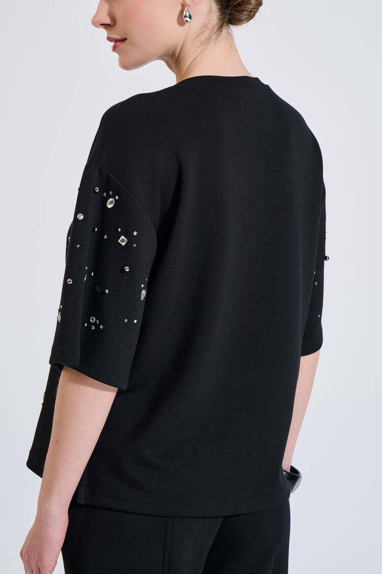 Short-sleeve sweatshirt with decorative stones - Black S/M