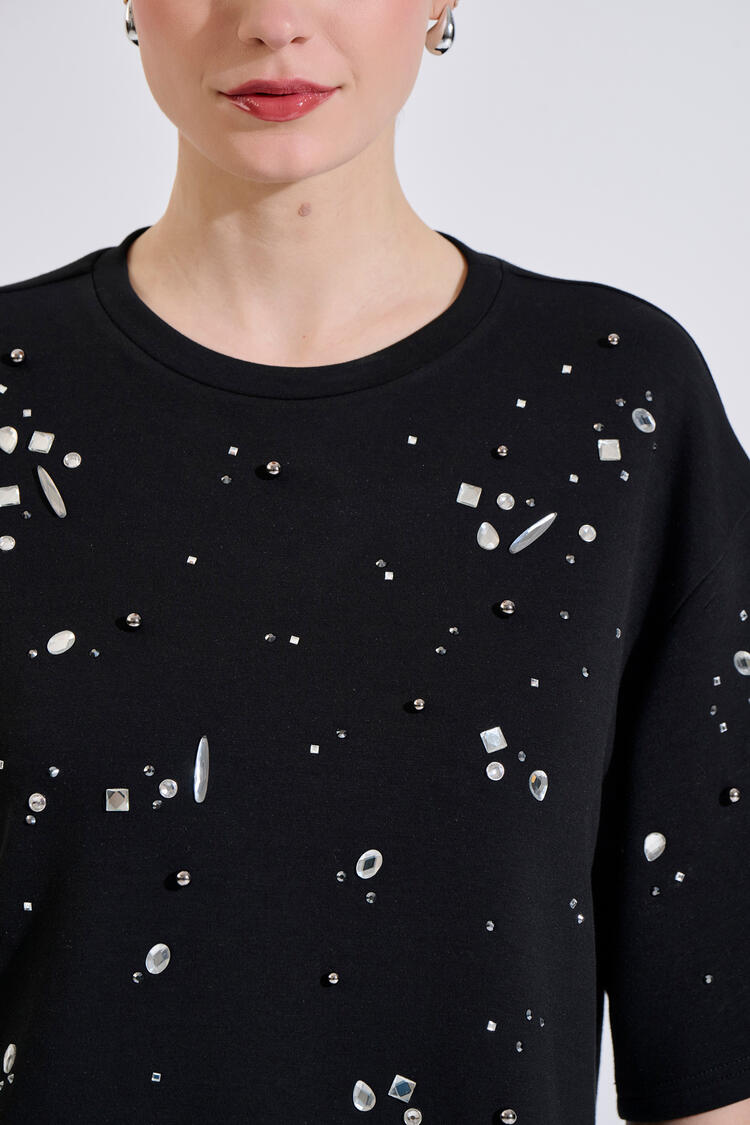 Short-sleeve sweatshirt with decorative stones - Black S/M