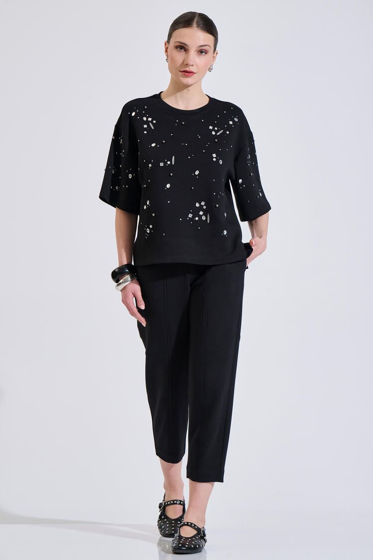 Short-sleeve sweatshirt with decorative stones - Black S/M