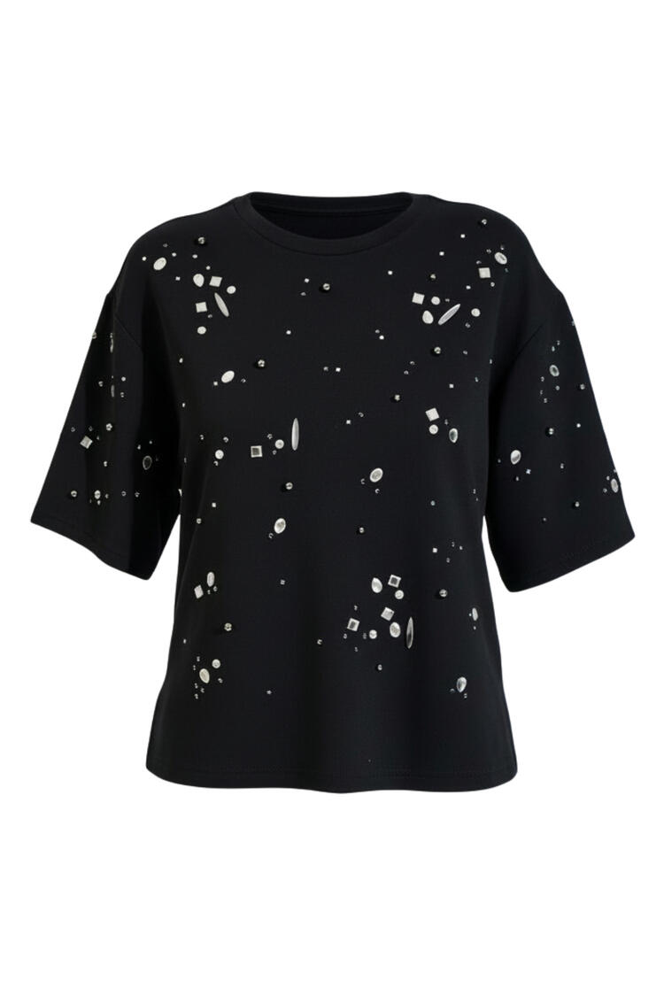 Short-sleeve sweatshirt with decorative stones - Black S/M