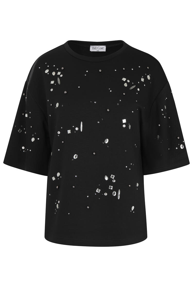 Short-sleeve sweatshirt with decorative stones - Black S/M