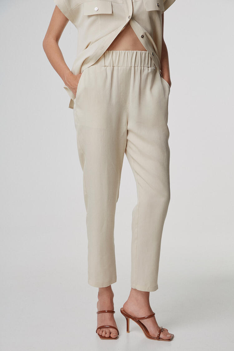 Linen pants with elastic - Beige S