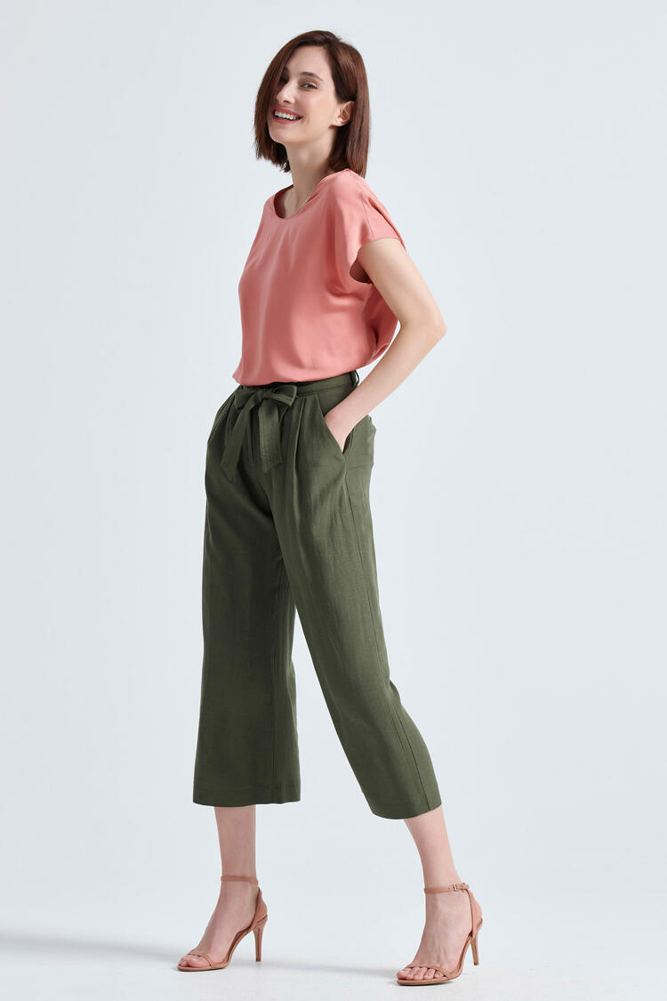 Cropped linen pants - Chaki XS