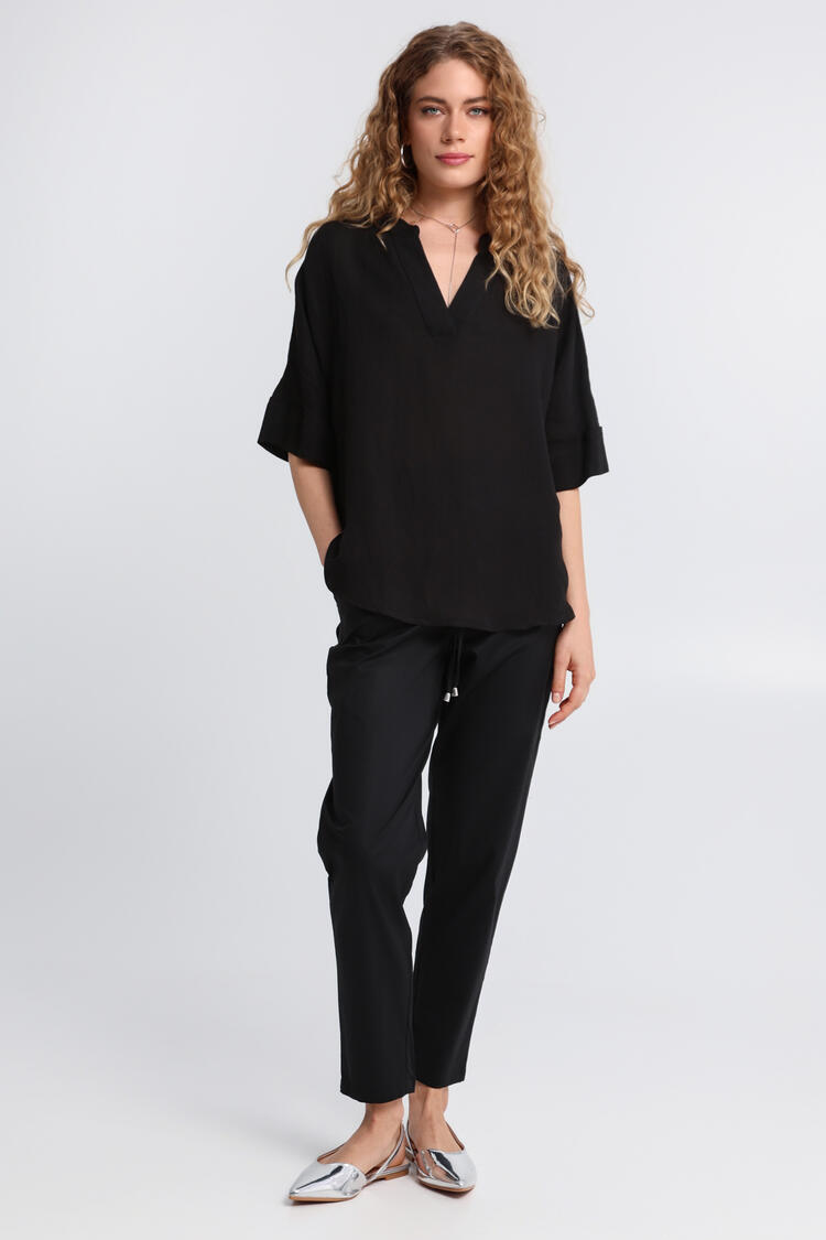 Linen Top with Open Neckline & Short Sleeves | Bill Cost