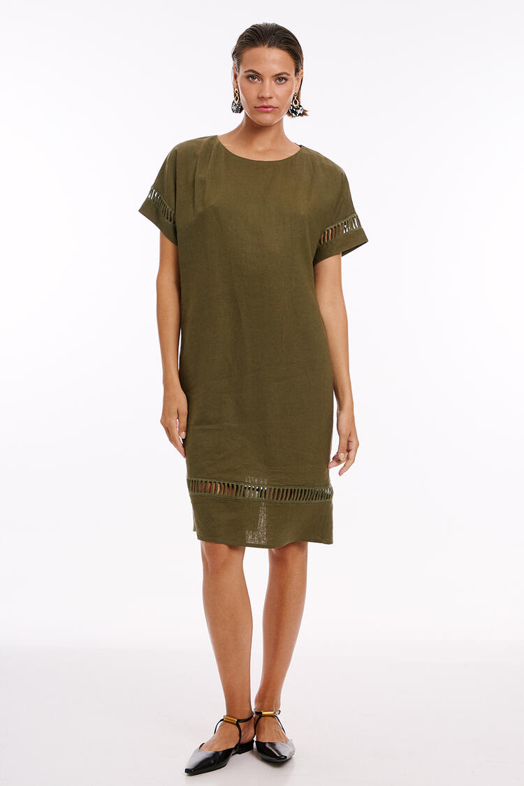 Linen dress with perforated pattern - Chaki S