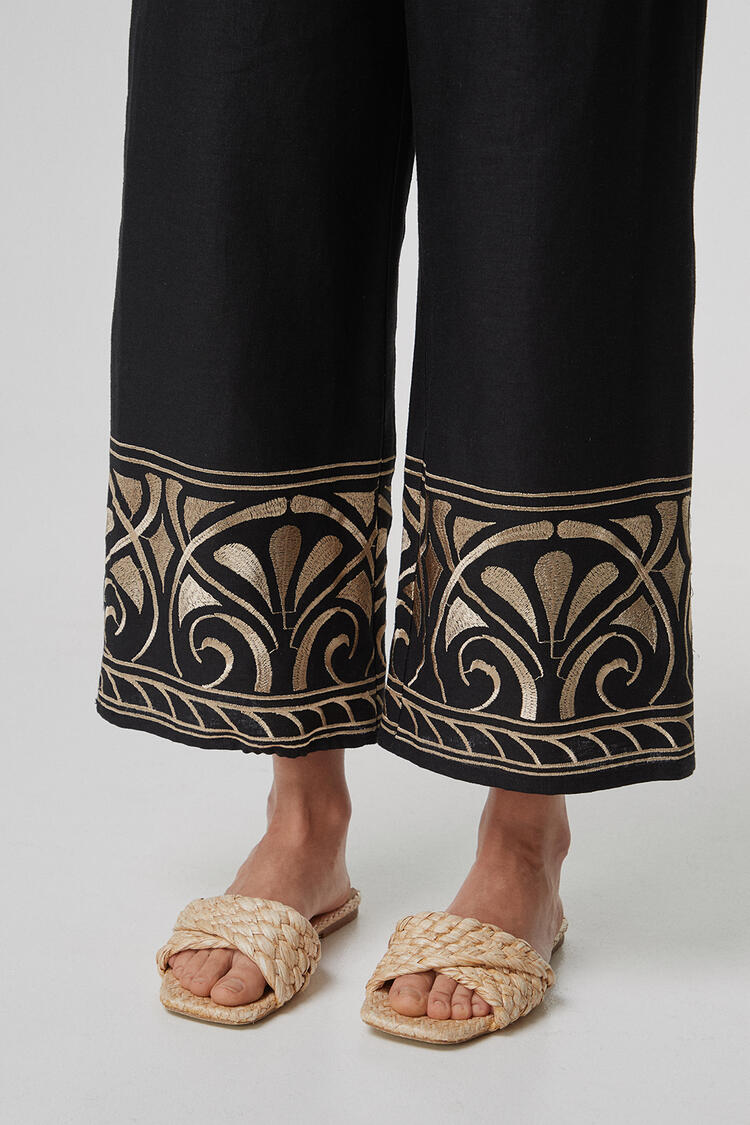 Linen pants with gold embroidery - Black S/M
