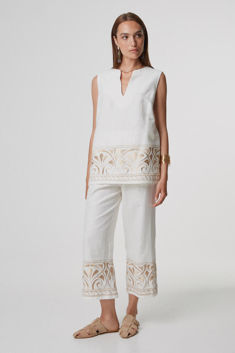 Linen pants with gold embroidery - Off White S/M