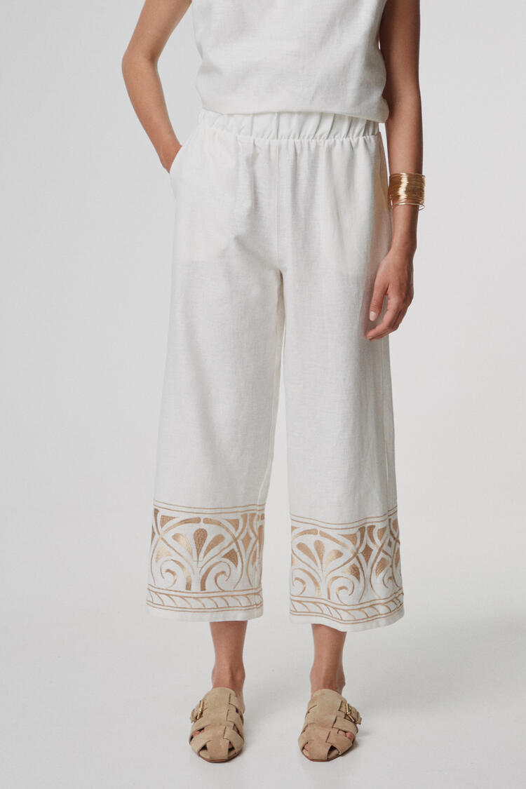 Linen pants with gold embroidery - Off White S/M