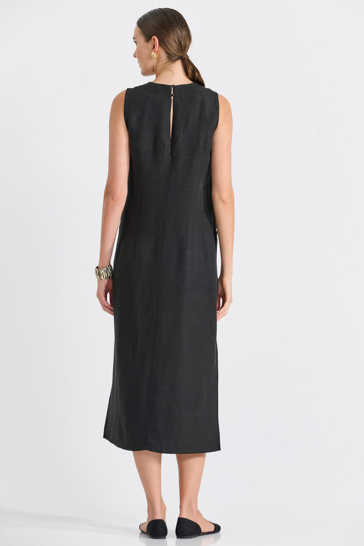 Long Dress with Side Slits & Pockets - Black S