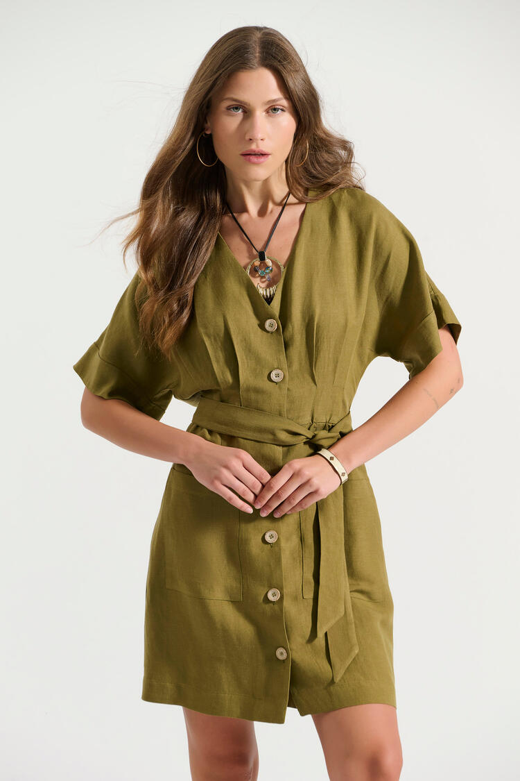 Short dress with buttons and belt - Chaki S