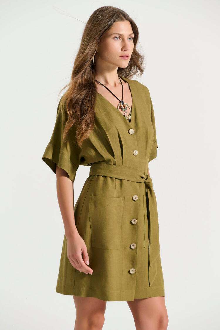 Short dress with buttons and belt - Chaki S