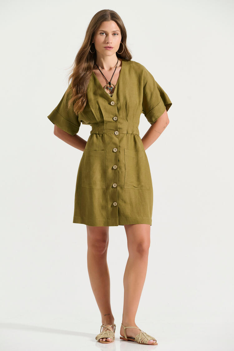 Short dress with buttons and belt - Chaki S