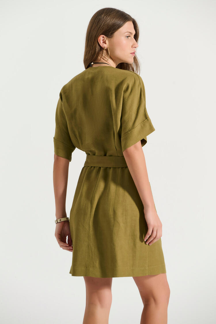 Short dress with buttons and belt - Chaki S