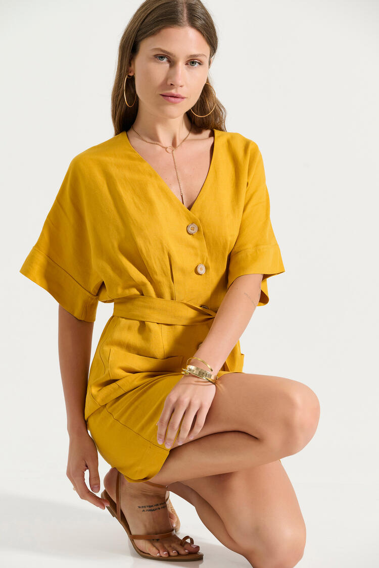 Short dress with buttons and belt - YELLOW S