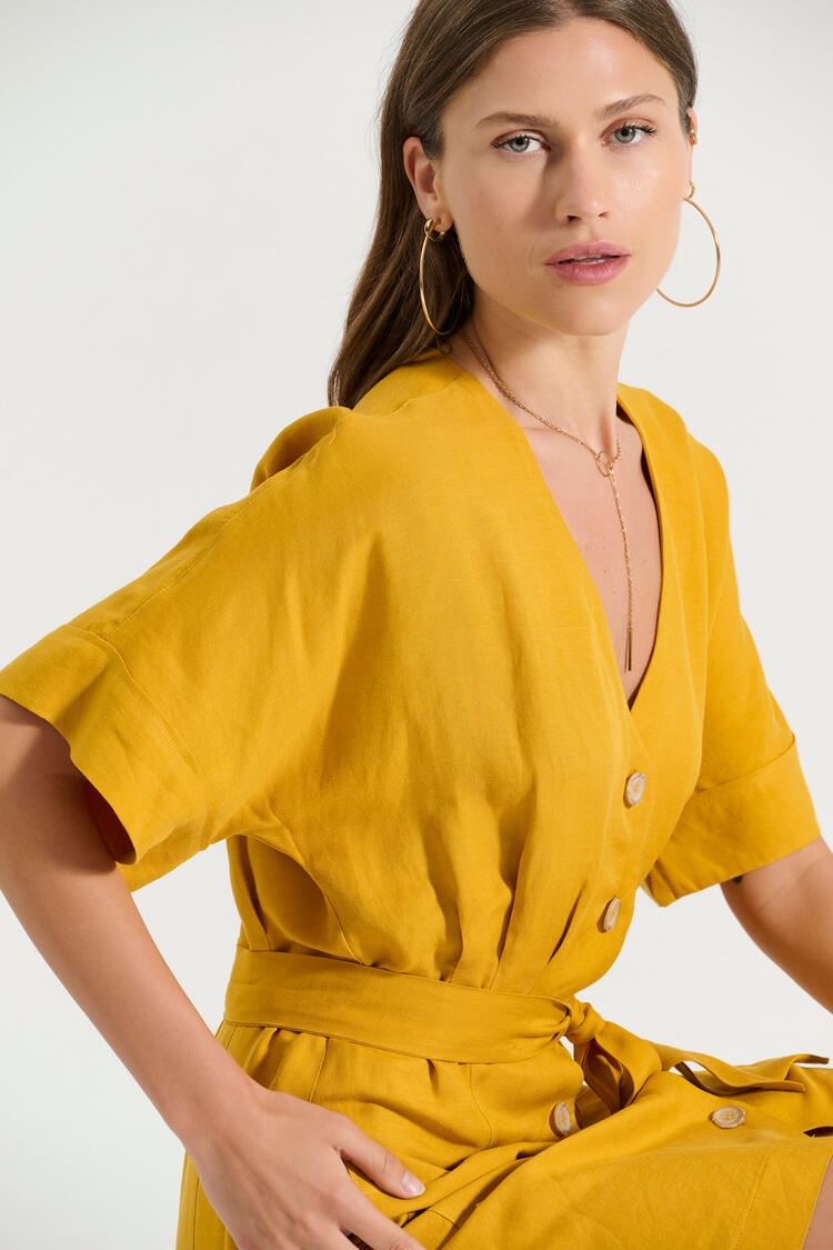 Short dress with buttons and belt - YELLOW S