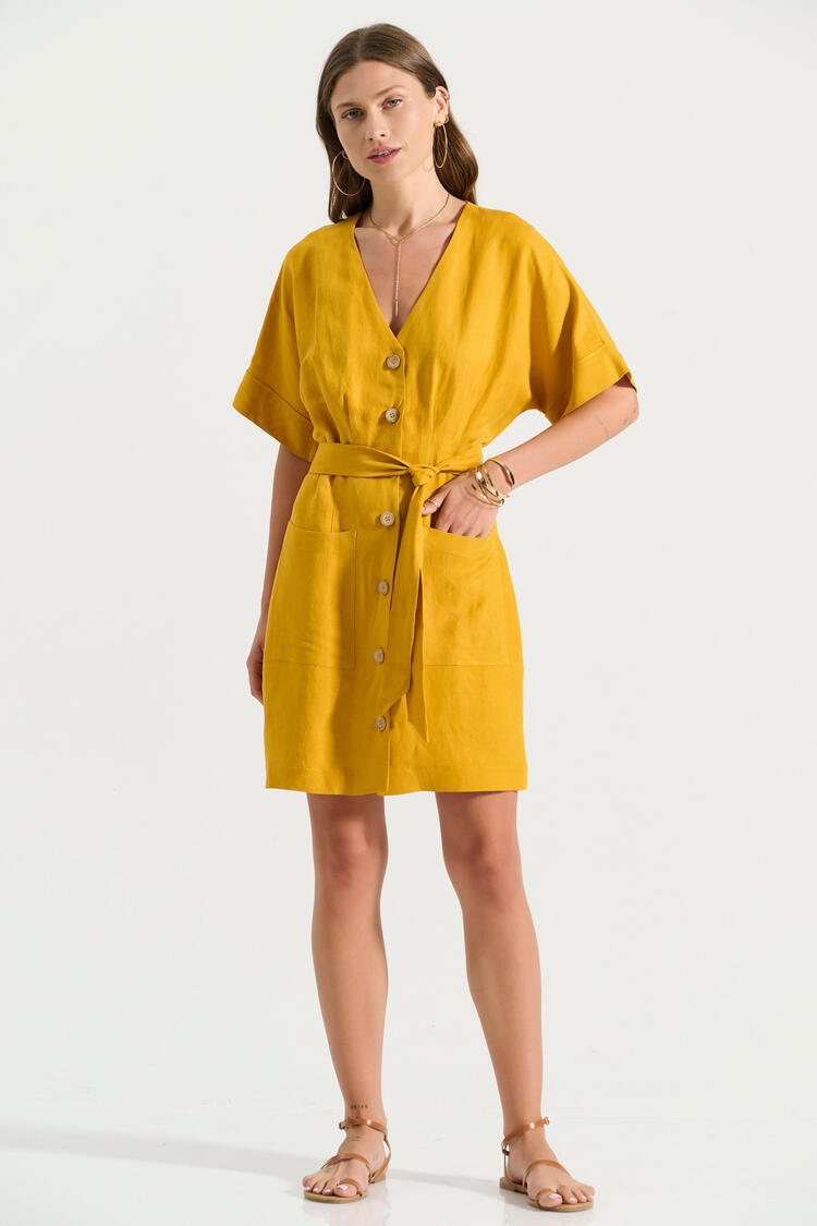Short dress with buttons and belt - YELLOW S