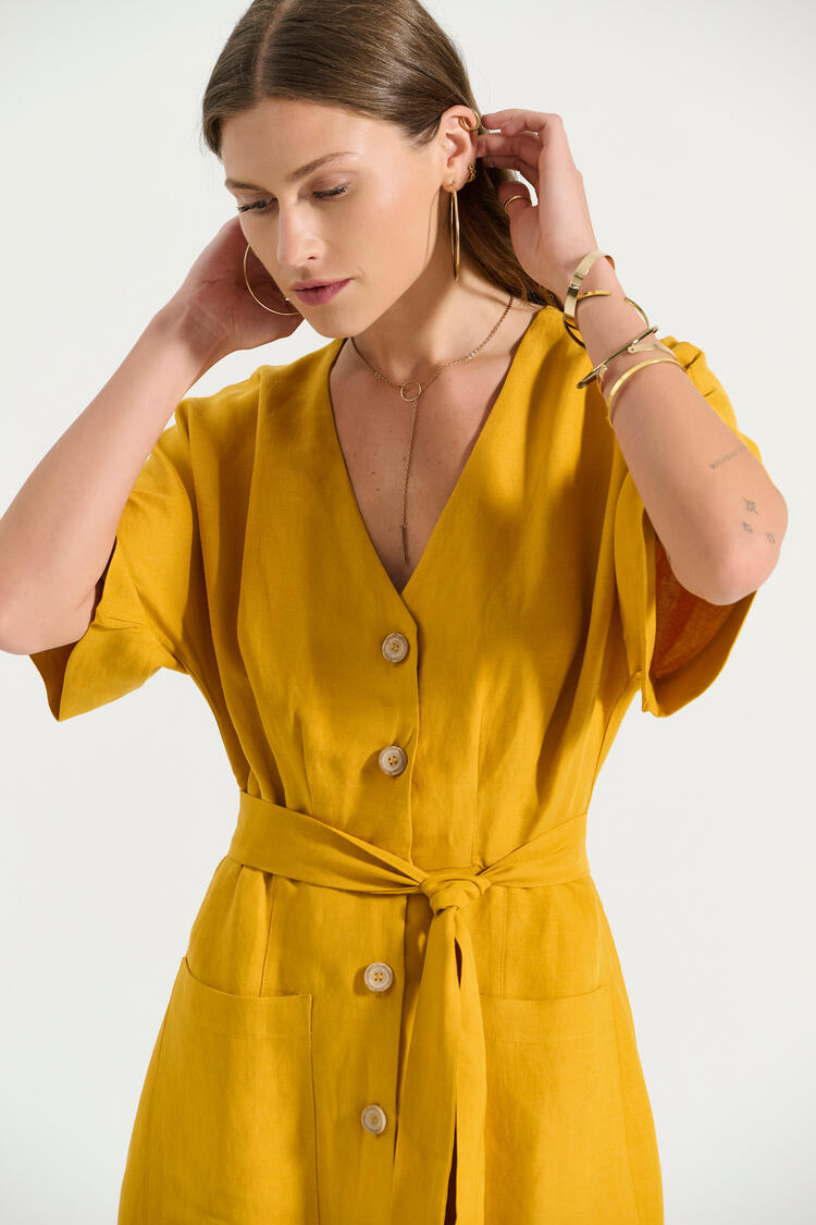 Short dress with buttons and belt - YELLOW S
