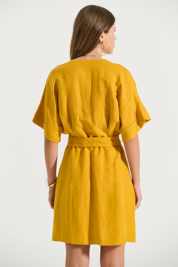 Short dress with buttons and belt - YELLOW S