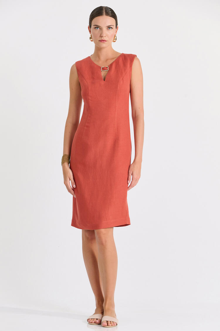 Sleeveless Dress with Buckle & Back Detail - Brown S