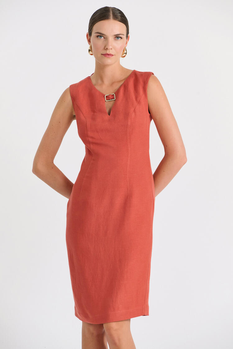Sleeveless Dress with Buckle & Back Detail - Brown S