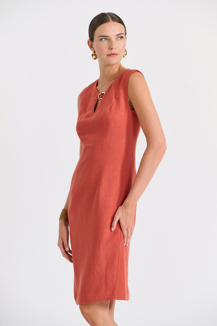 Sleeveless Dress with Buckle & Back Detail - Brown S