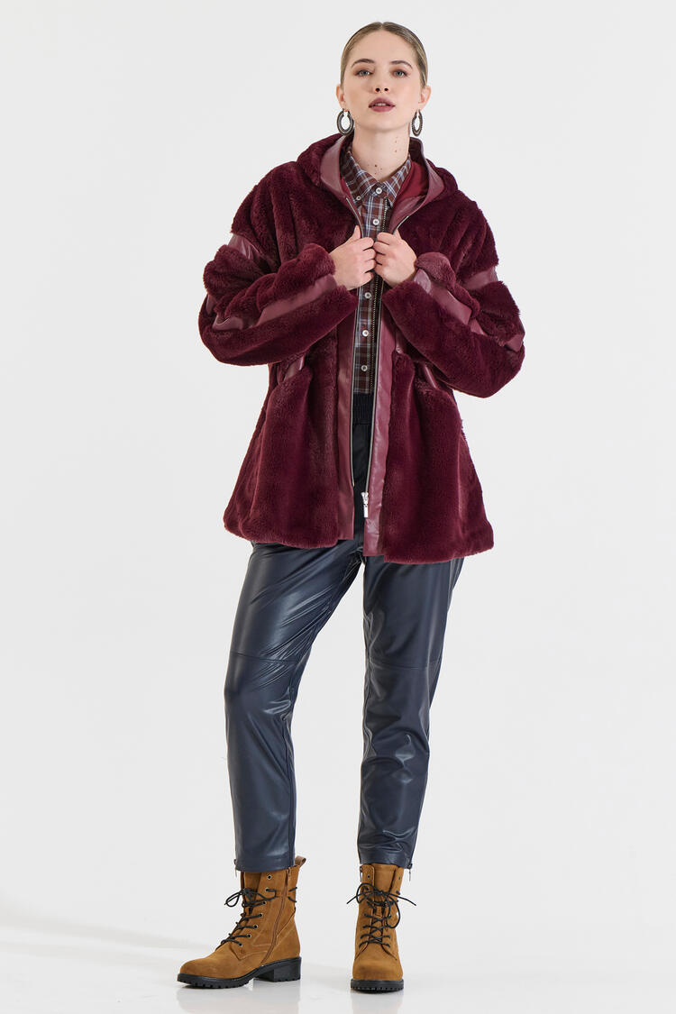 Faux Fur and Leather-Effect Jacket with Hood - Burgundy M/L