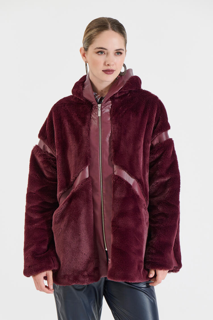 Faux Fur and Leather-Effect Jacket with Hood - Burgundy M/L