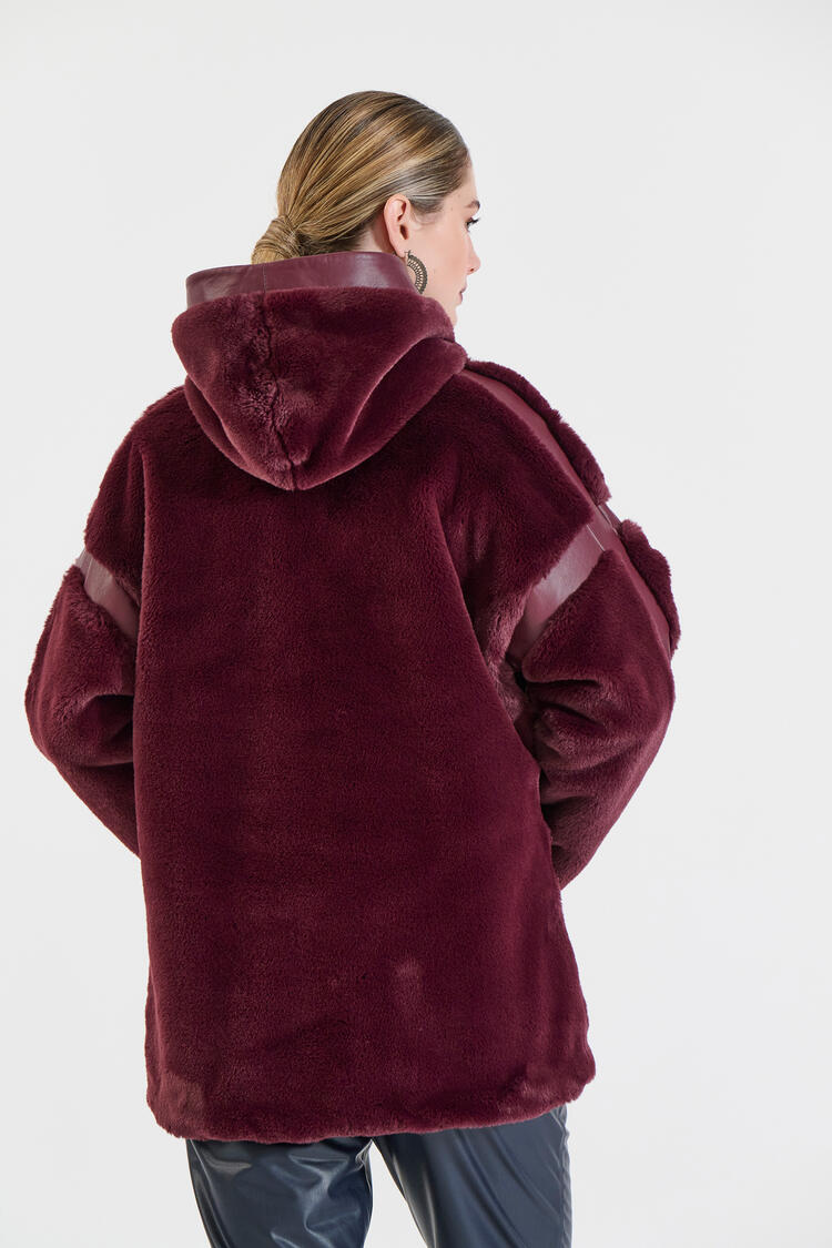 Faux Fur and Leather-Effect Jacket with Hood - Burgundy M/L