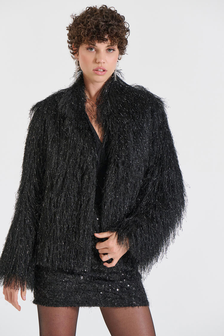 Faux Fur Jacket with Shimmer Texture - Black M