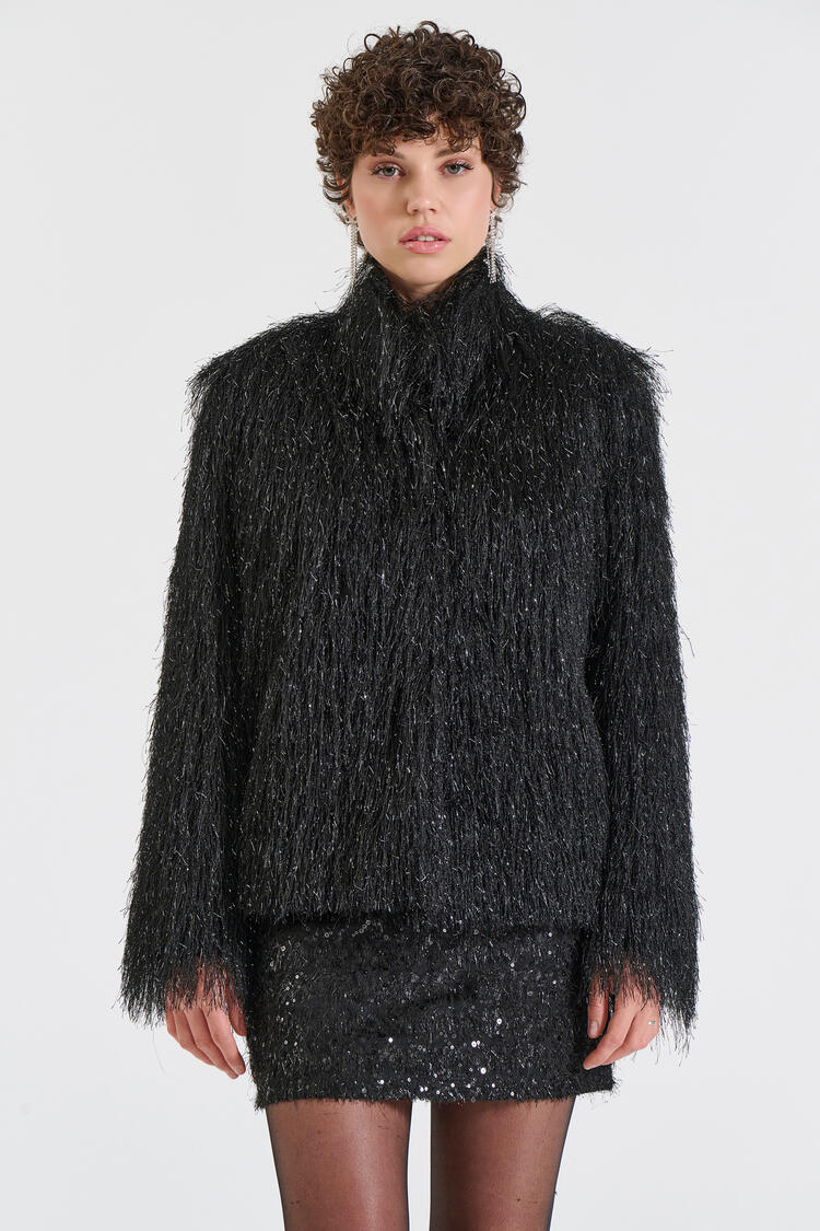 Faux Fur Jacket with Shimmer Texture - Black M