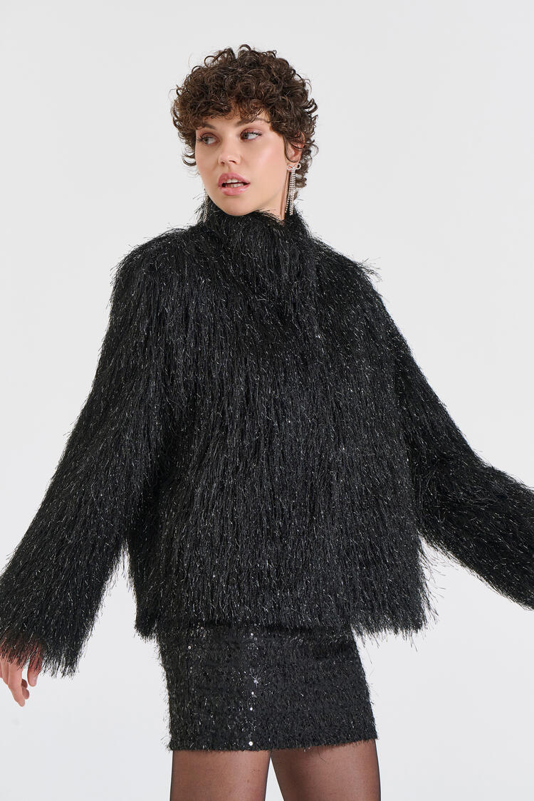 Faux Fur Jacket with Shimmer Texture - Black M