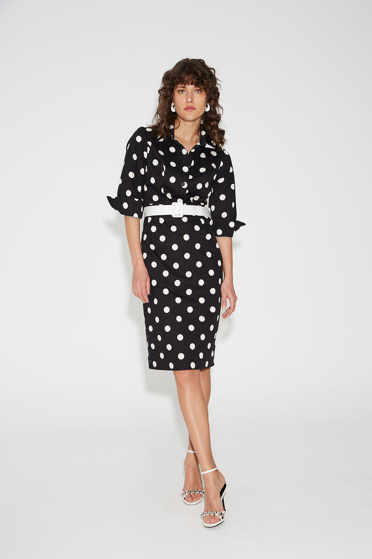 Polka dot dress with belt - Black L