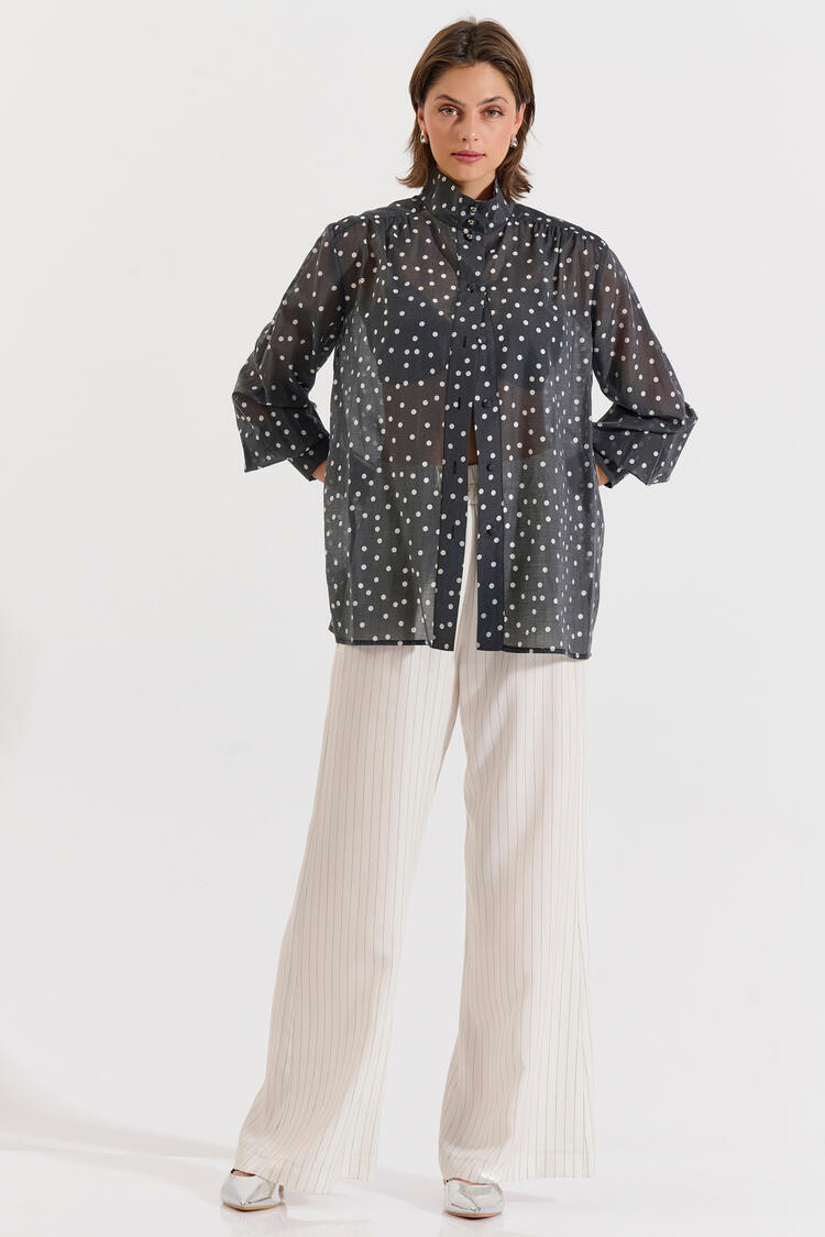 Polka-Dot Blouse with Stand Collar - Black M/L