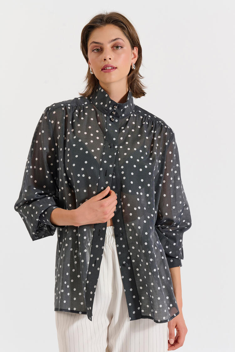 Polka-Dot Blouse with Stand Collar - Black M/L