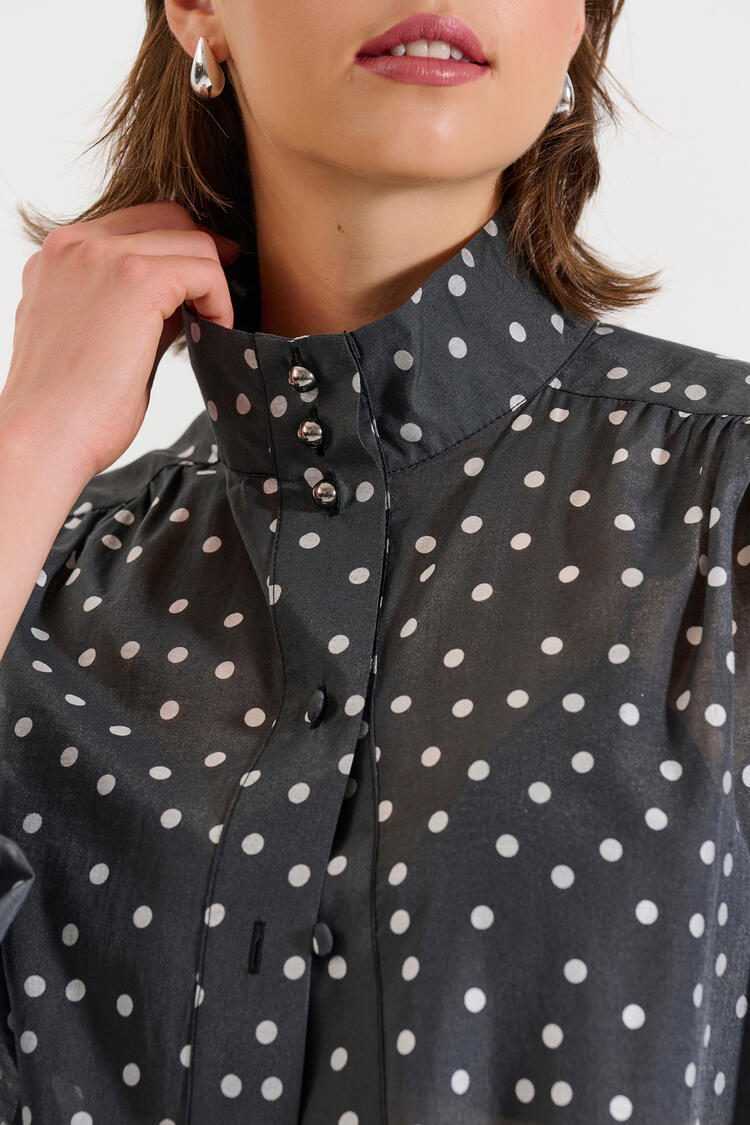 Polka-Dot Blouse with Stand Collar - Black M/L