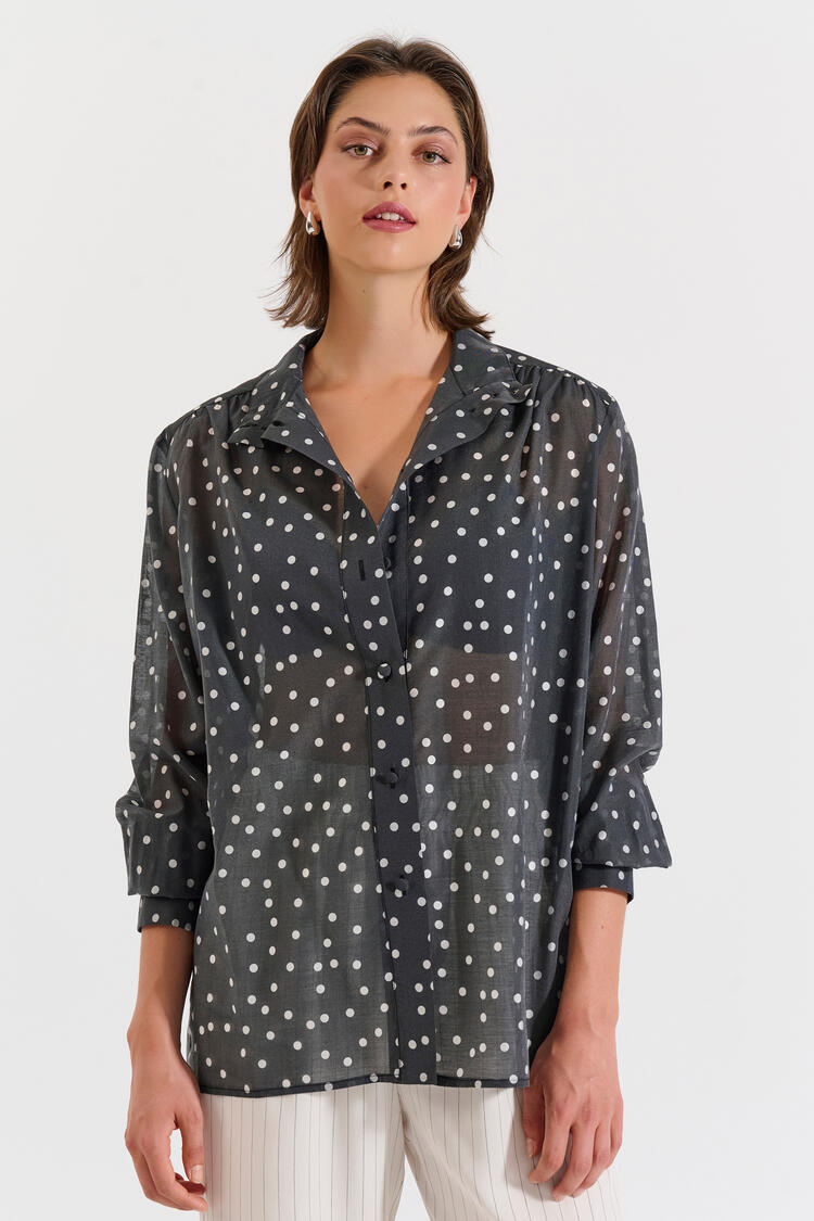 Polka-Dot Blouse with Stand Collar - Black M/L