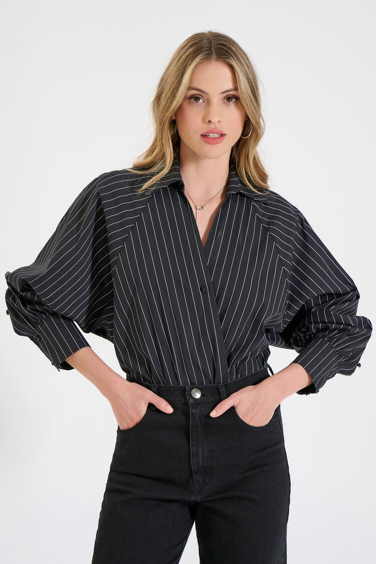Striped Cotton Bodysuit Shirt with Long Sleeves - Black M/L