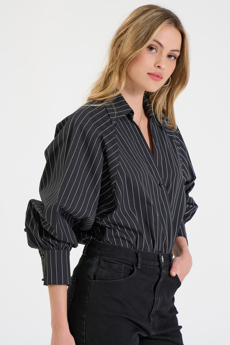 Striped Cotton Bodysuit Shirt with Long Sleeves - Black M/L